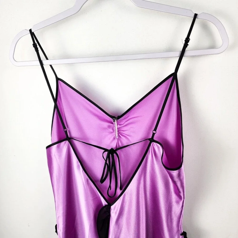 Betsey‎ Johnson Satin Slip Dress Purple Black Trim Chemise Nightgown Lingerie - Picture 7 of 7